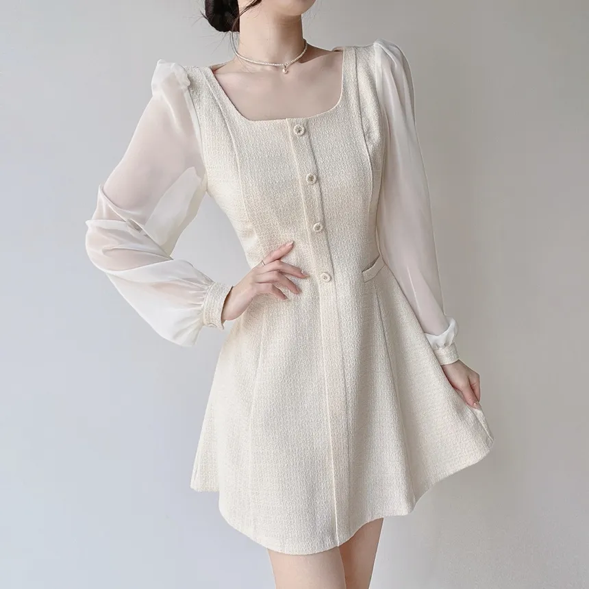 ツイードフレアスクエアネックパフスリーブ長袖フェイクポケットフェイクボタンワンピース | mirangmirang | 詳細画像11