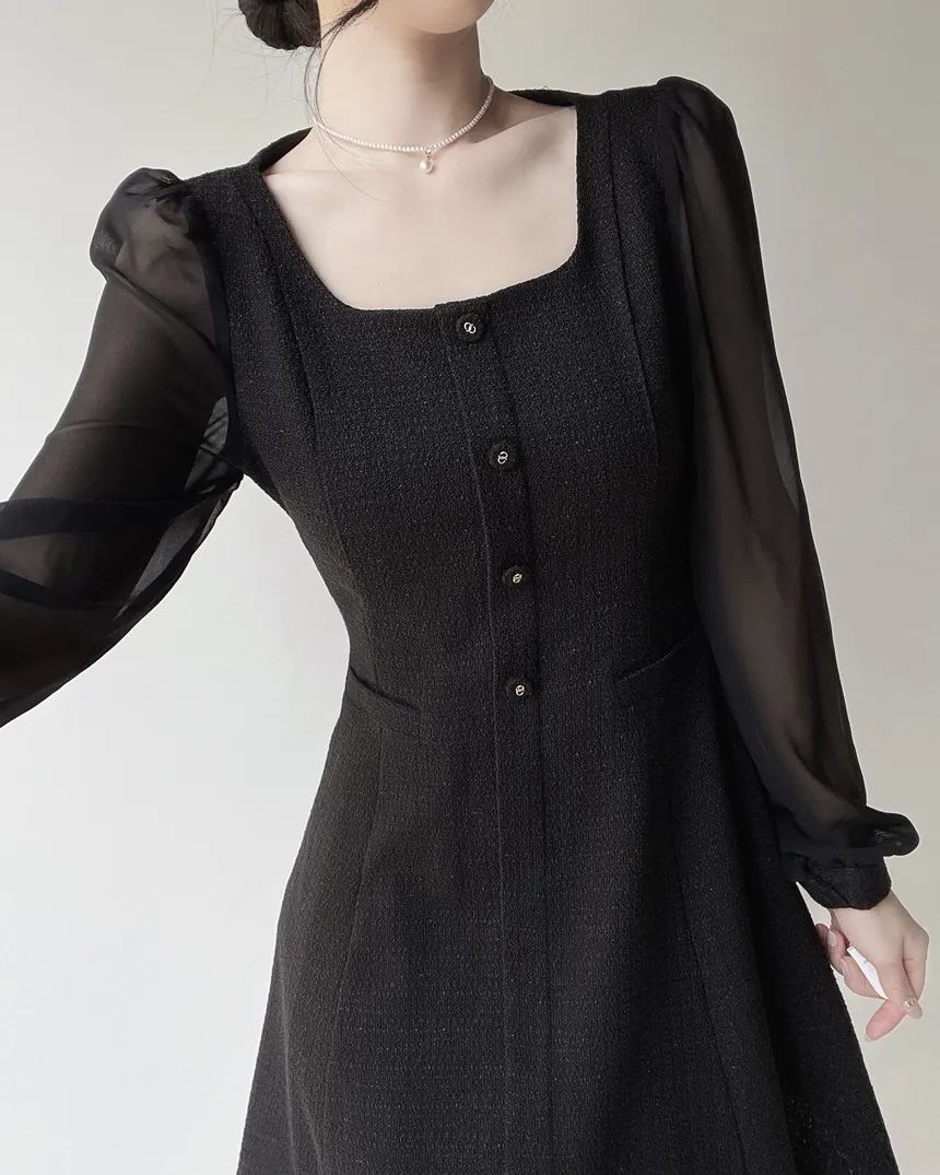ツイードフレアスクエアネックパフスリーブ長袖フェイクポケットフェイクボタンワンピース | mirangmirang | 詳細画像12