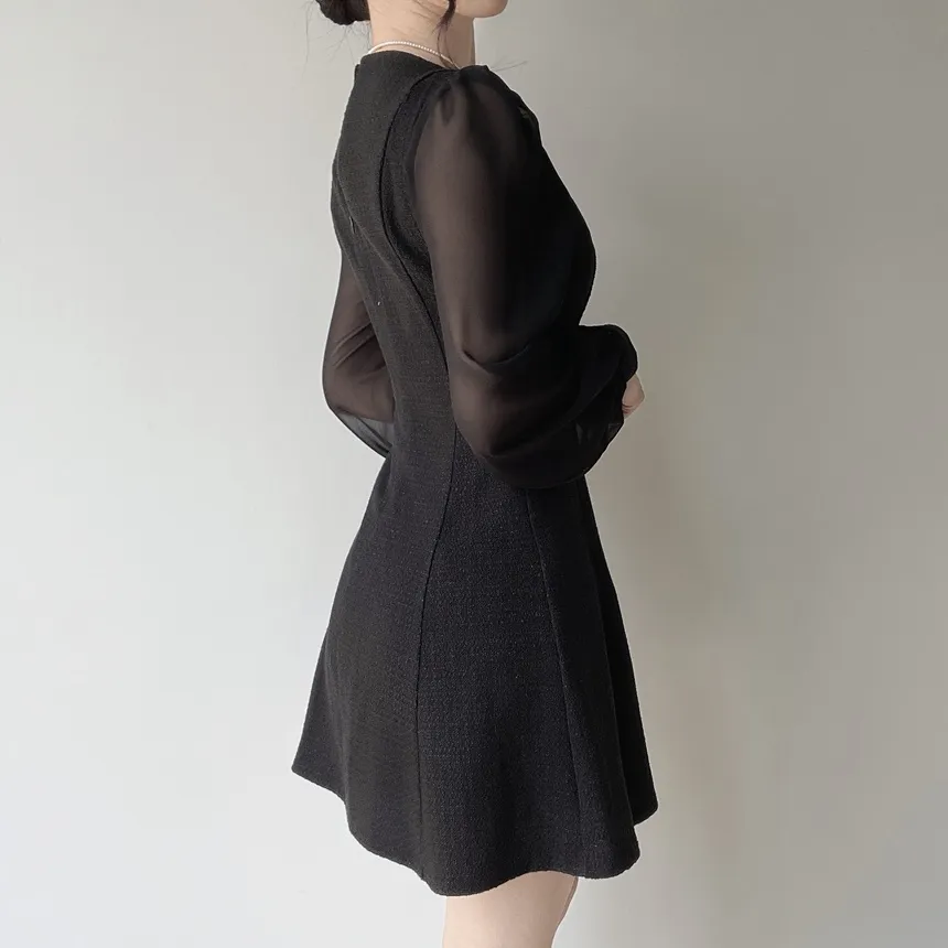 ツイードフレアスクエアネックパフスリーブ長袖フェイクポケットフェイクボタンワンピース | mirangmirang | 詳細画像13