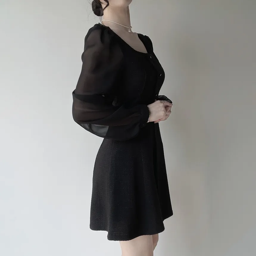 ツイードフレアスクエアネックパフスリーブ長袖フェイクポケットフェイクボタンワンピース | mirangmirang | 詳細画像14