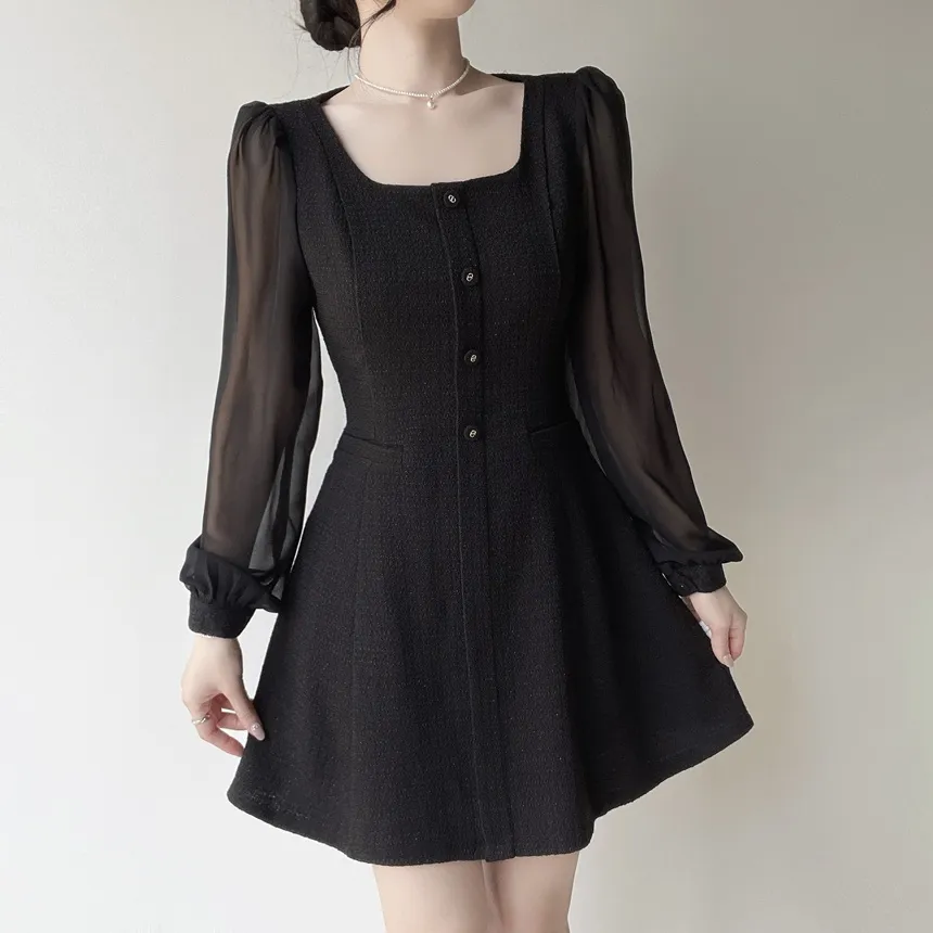 ツイードフレアスクエアネックパフスリーブ長袖フェイクポケットフェイクボタンワンピース | mirangmirang | 詳細画像15