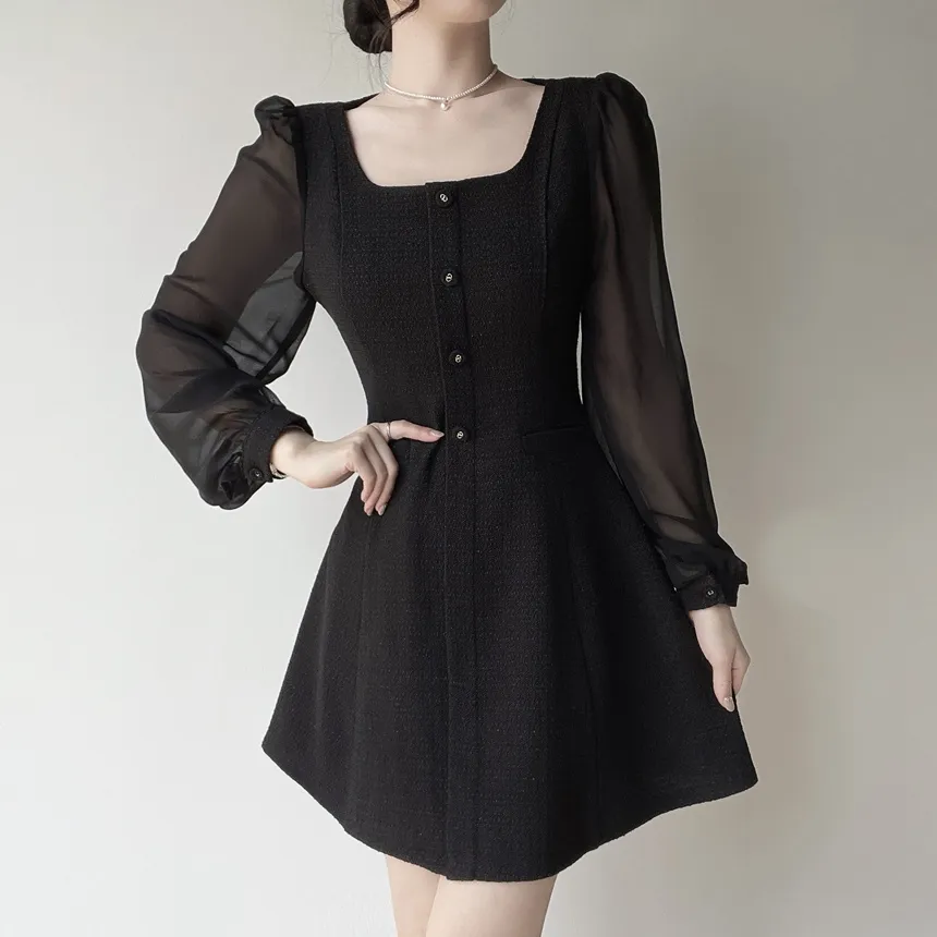 ツイードフレアスクエアネックパフスリーブ長袖フェイクポケットフェイクボタンワンピース | mirangmirang | 詳細画像16