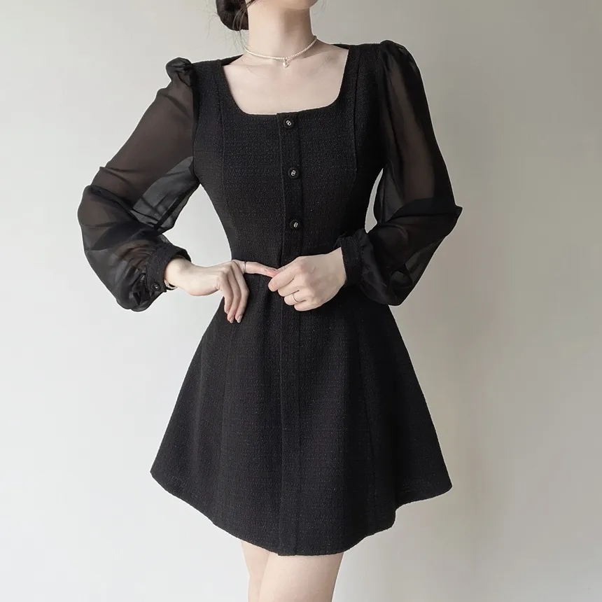 ツイードフレアスクエアネックパフスリーブ長袖フェイクポケットフェイクボタンワンピース | mirangmirang | 詳細画像17