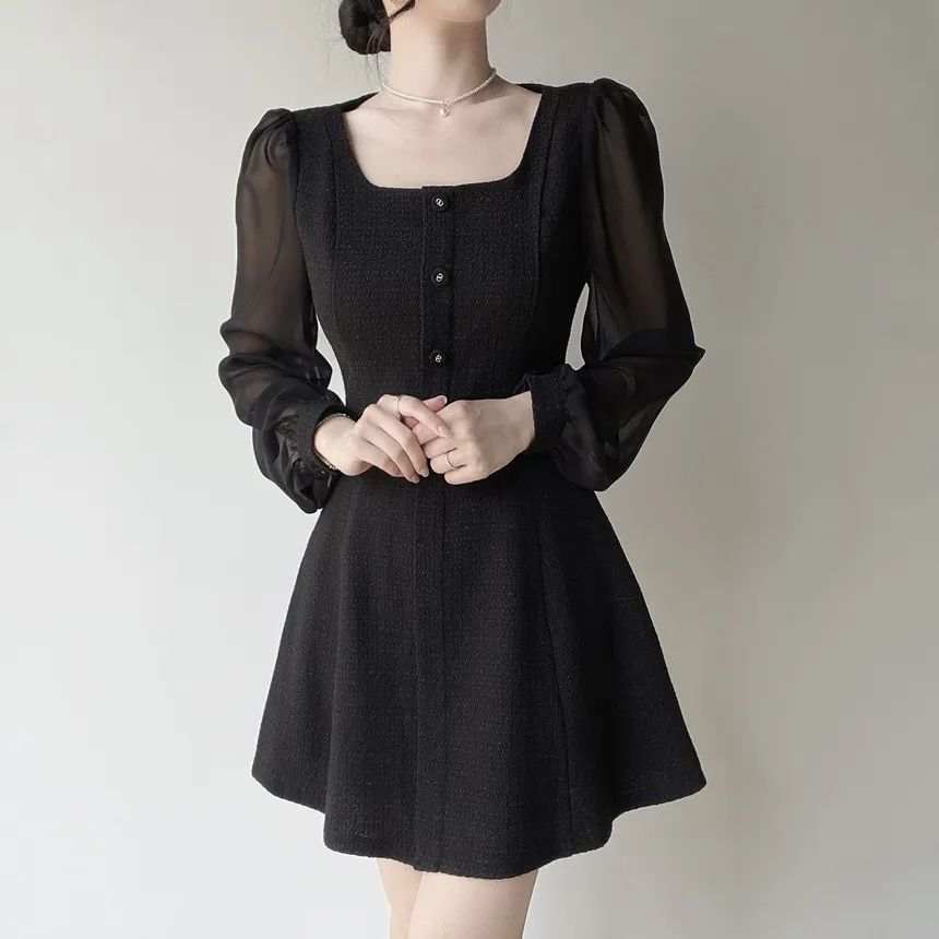 ツイードフレアスクエアネックパフスリーブ長袖フェイクポケットフェイクボタンワンピース | mirangmirang | 詳細画像18