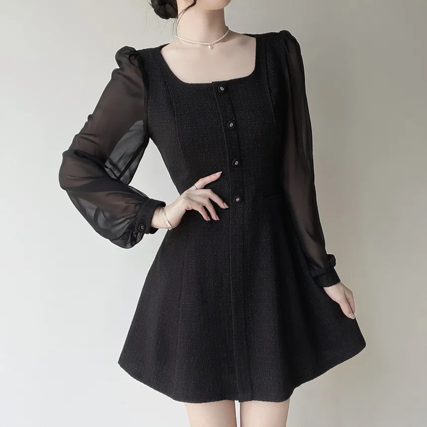 ツイードフレアスクエアネックパフスリーブ長袖フェイクポケットフェイクボタンワンピース | mirangmirang | 詳細画像19