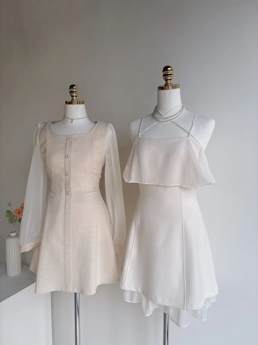 ツイードフレアスクエアネックパフスリーブ長袖フェイクポケットフェイクボタンワンピース | mirangmirang | 詳細画像20