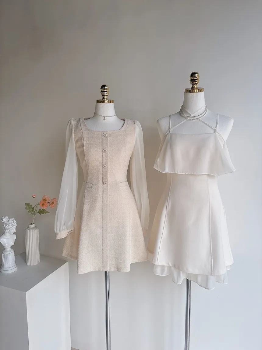 ツイードフレアスクエアネックパフスリーブ長袖フェイクポケットフェイクボタンワンピース | mirangmirang | 詳細画像22