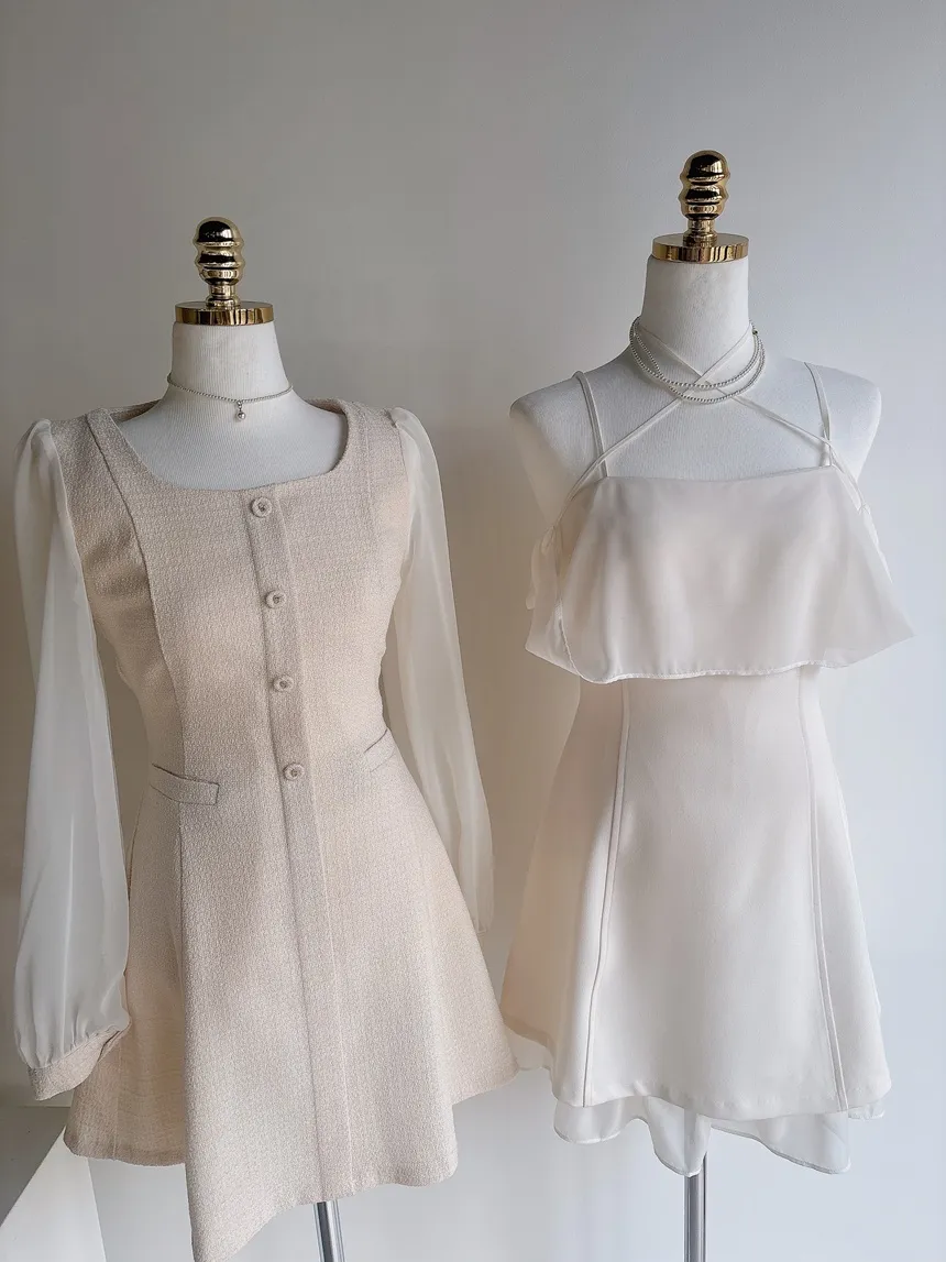 ツイードフレアスクエアネックパフスリーブ長袖フェイクポケットフェイクボタンワンピース | mirangmirang | 詳細画像25