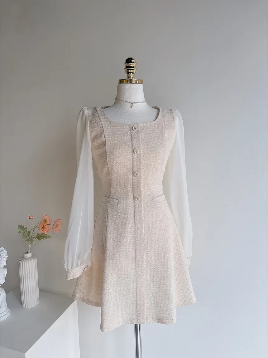 ツイードフレアスクエアネックパフスリーブ長袖フェイクポケットフェイクボタンワンピース | mirangmirang | 詳細画像26