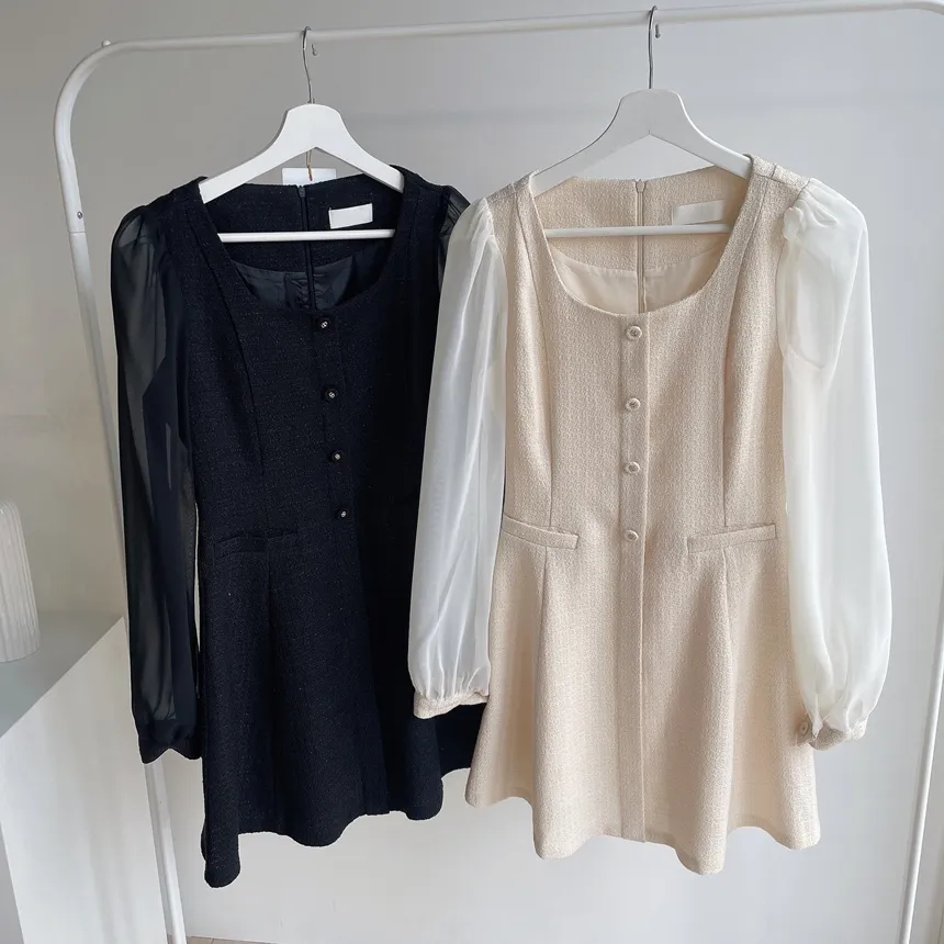 ツイードフレアスクエアネックパフスリーブ長袖フェイクポケットフェイクボタンワンピース | mirangmirang | 詳細画像30