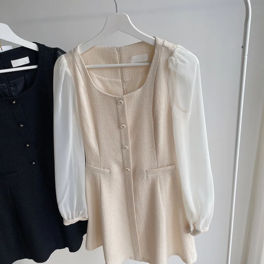 ツイードフレアスクエアネックパフスリーブ長袖フェイクポケットフェイクボタンワンピース | mirangmirang | 詳細画像31