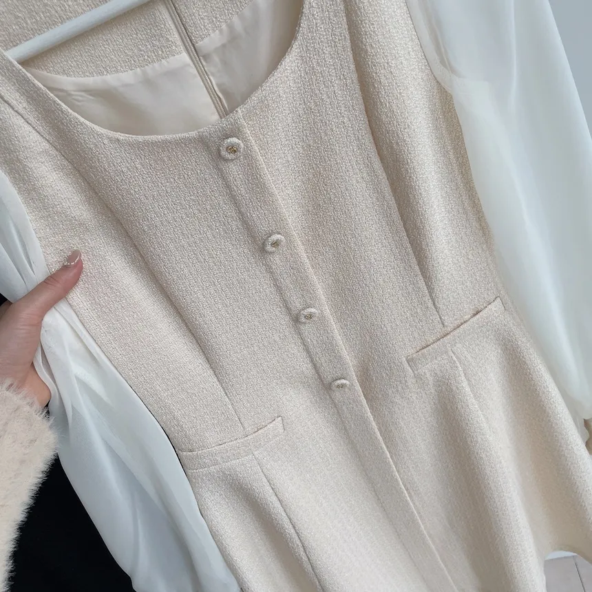 ツイードフレアスクエアネックパフスリーブ長袖フェイクポケットフェイクボタンワンピース | mirangmirang | 詳細画像32