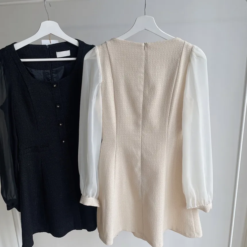 ツイードフレアスクエアネックパフスリーブ長袖フェイクポケットフェイクボタンワンピース | mirangmirang | 詳細画像33