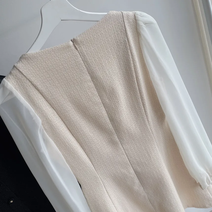 ツイードフレアスクエアネックパフスリーブ長袖フェイクポケットフェイクボタンワンピース | mirangmirang | 詳細画像34