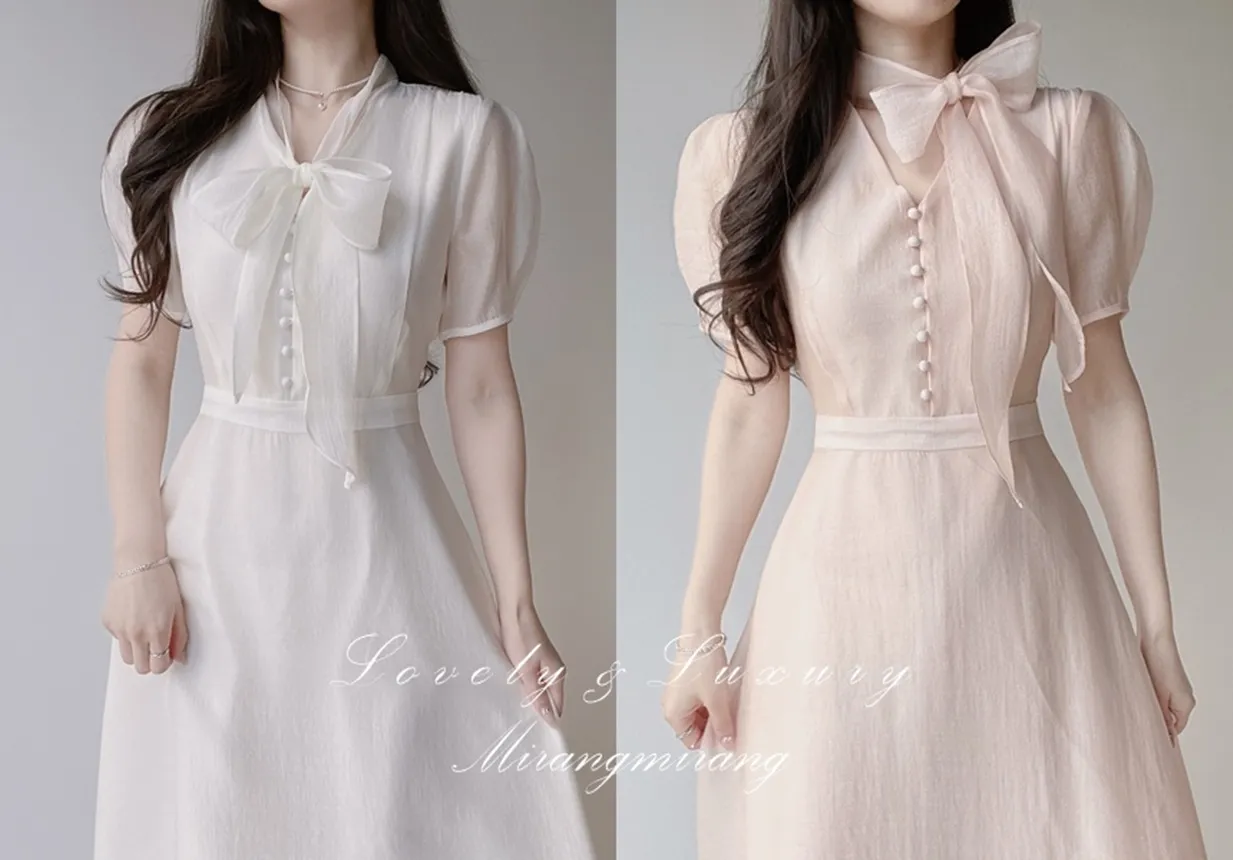 オーガンジーボウタイVネックロング半袖Aラインフェイクボタンワンピース | mirangmirang | 詳細画像1