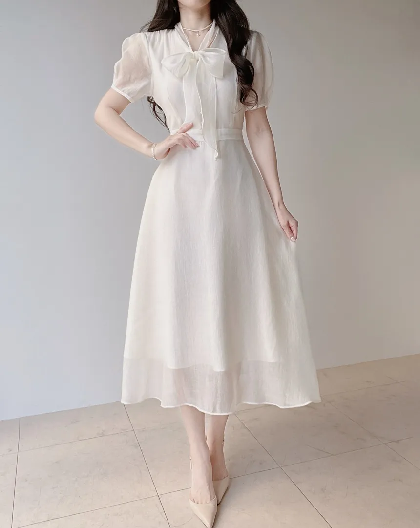 オーガンジーボウタイVネックロング半袖Aラインフェイクボタンワンピース | mirangmirang | 詳細画像2