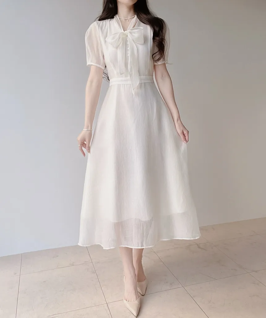 オーガンジーボウタイVネックロング半袖Aラインフェイクボタンワンピース | mirangmirang | 詳細画像3