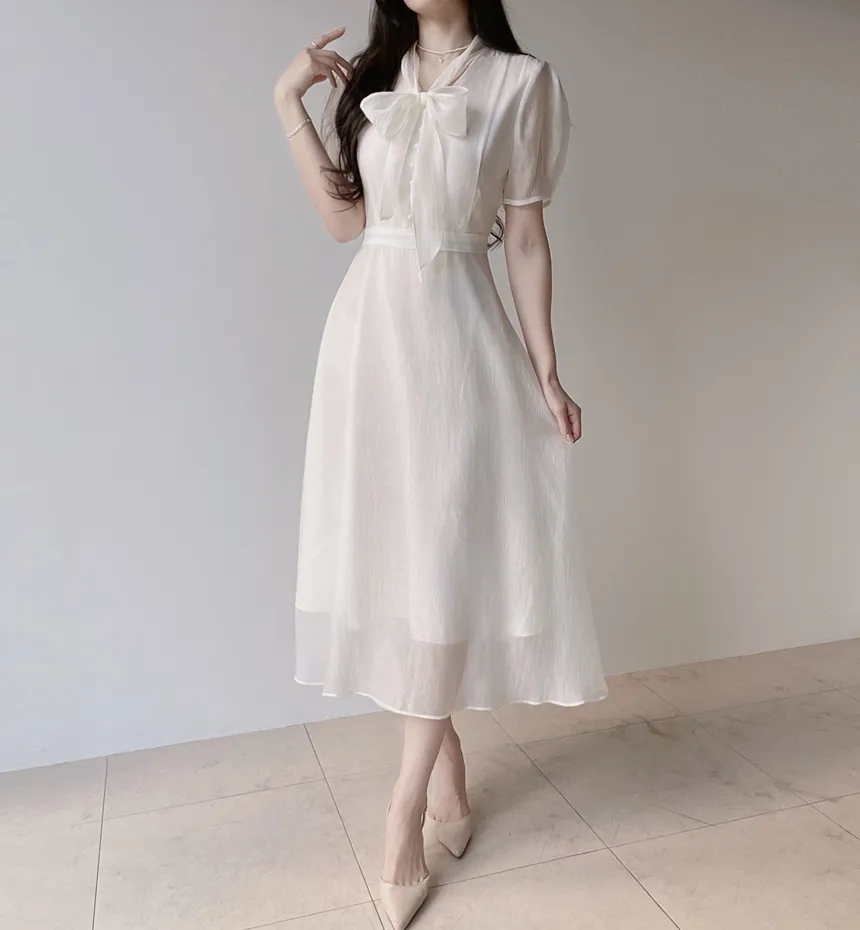 オーガンジーボウタイVネックロング半袖Aラインフェイクボタンワンピース | mirangmirang | 詳細画像4