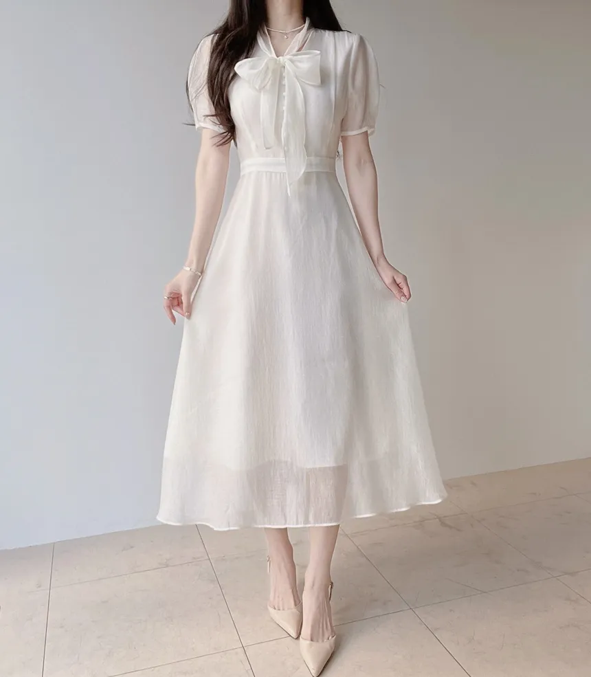 オーガンジーボウタイVネックロング半袖Aラインフェイクボタンワンピース | mirangmirang | 詳細画像5