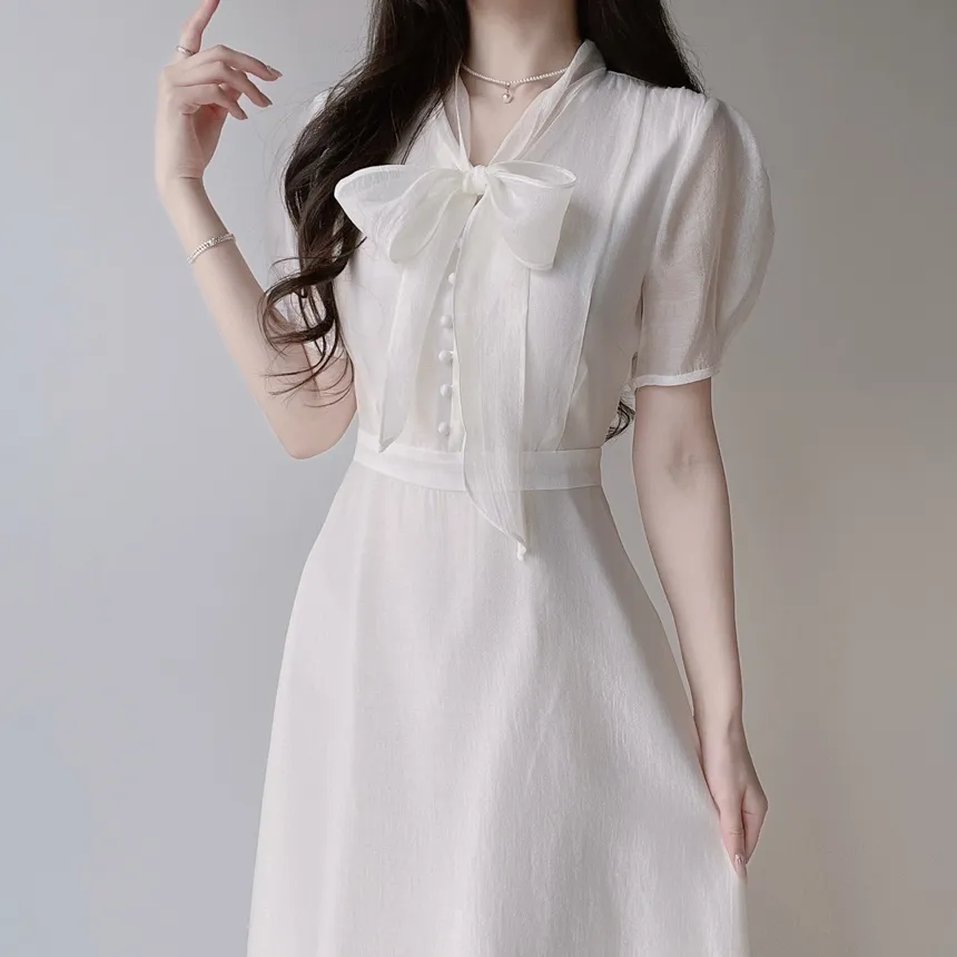 オーガンジーボウタイVネックロング半袖Aラインフェイクボタンワンピース | mirangmirang | 詳細画像6