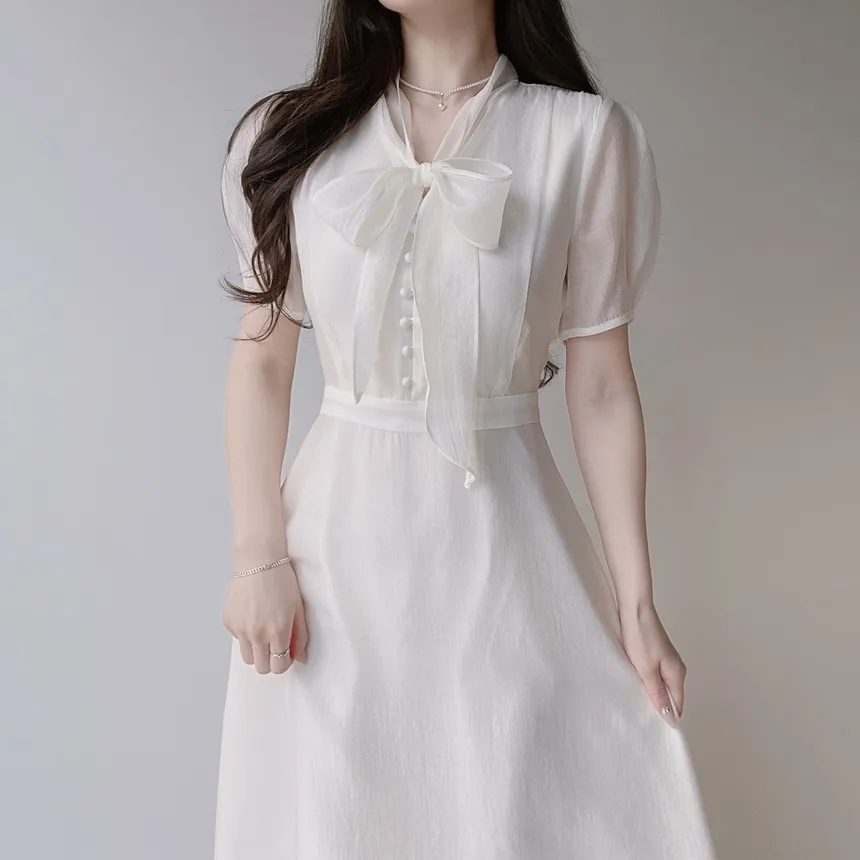 オーガンジーボウタイVネックロング半袖Aラインフェイクボタンワンピース | mirangmirang | 詳細画像7