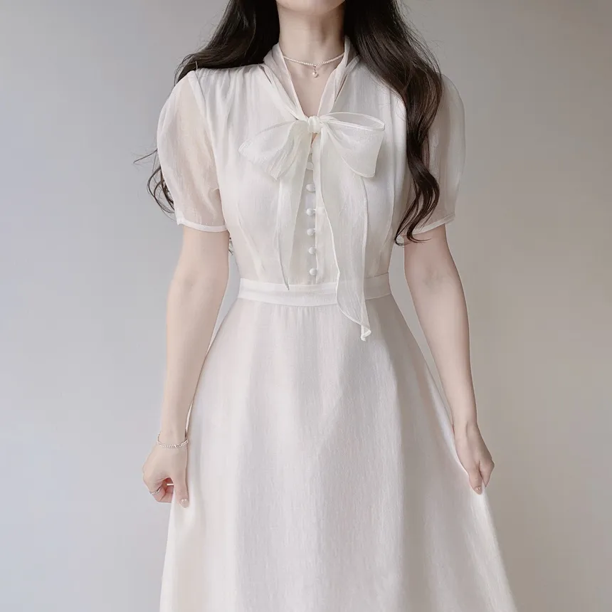 オーガンジーボウタイVネックロング半袖Aラインフェイクボタンワンピース | mirangmirang | 詳細画像8