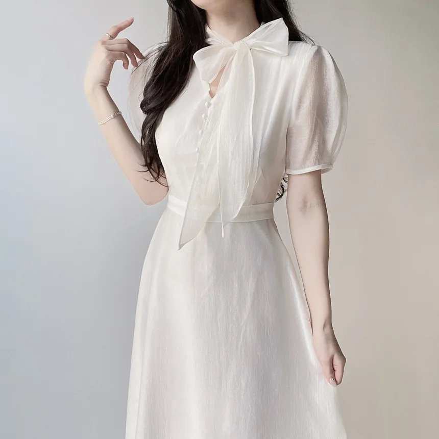 オーガンジーボウタイVネックロング半袖Aラインフェイクボタンワンピース | mirangmirang | 詳細画像9