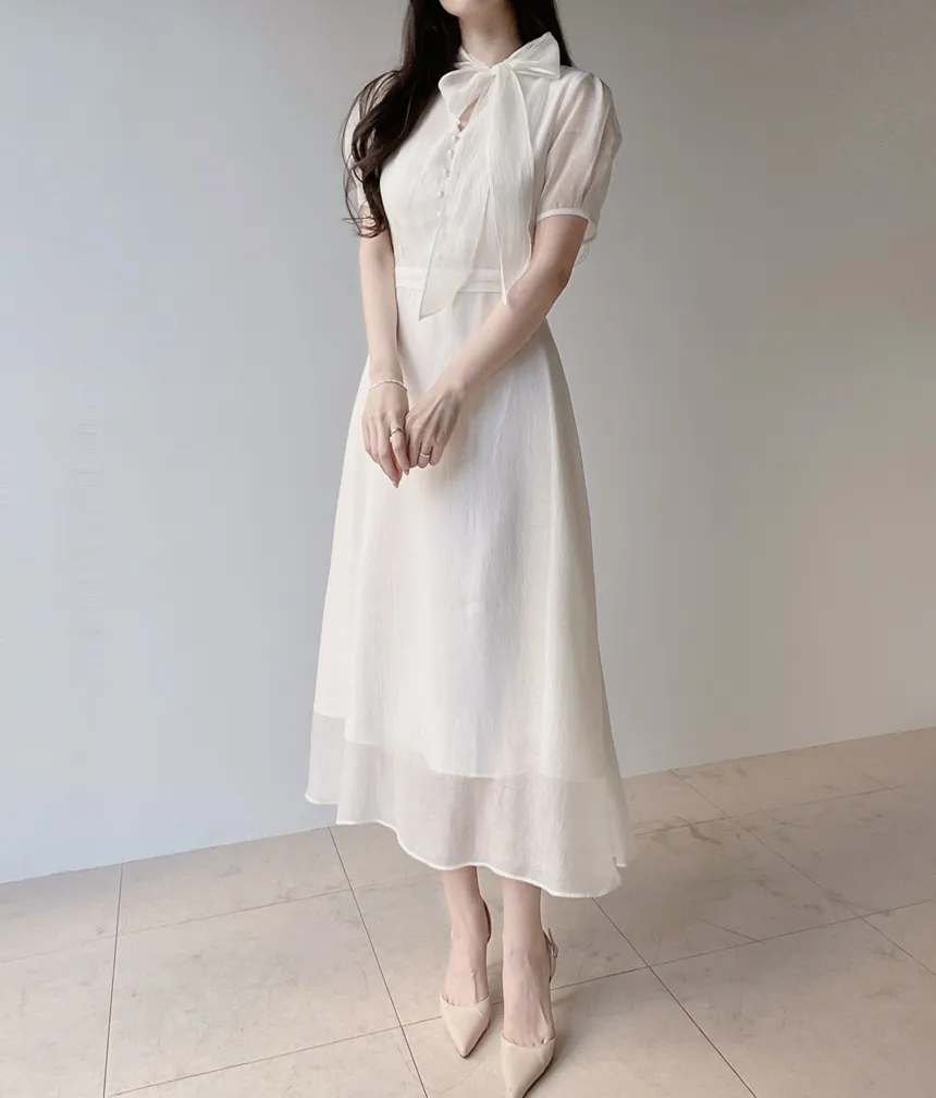 オーガンジーボウタイVネックロング半袖Aラインフェイクボタンワンピース | mirangmirang | 詳細画像10