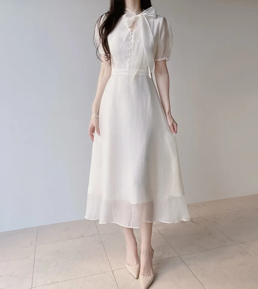 オーガンジーボウタイVネックロング半袖Aラインフェイクボタンワンピース | mirangmirang | 詳細画像11