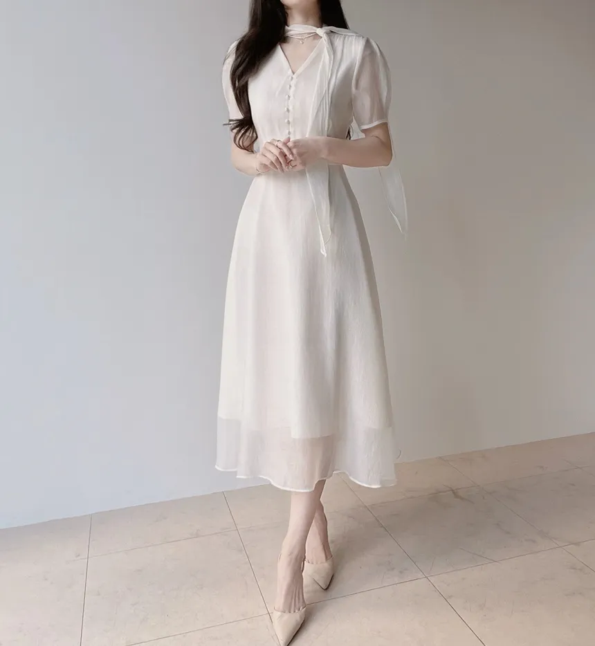 オーガンジーボウタイVネックロング半袖Aラインフェイクボタンワンピース | mirangmirang | 詳細画像12