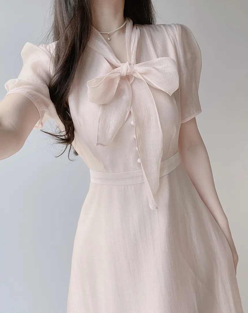 オーガンジーボウタイVネックロング半袖Aラインフェイクボタンワンピース | mirangmirang | 詳細画像13