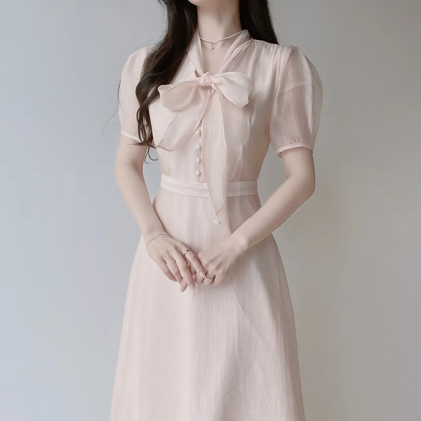 オーガンジーボウタイVネックロング半袖Aラインフェイクボタンワンピース | mirangmirang | 詳細画像14