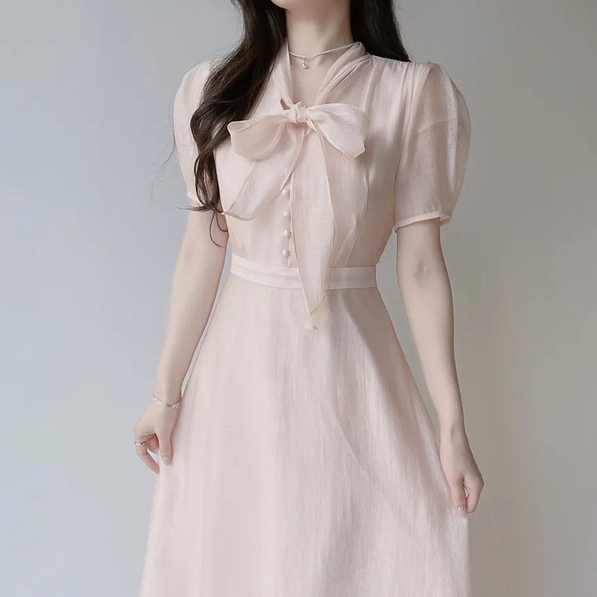 オーガンジーボウタイVネックロング半袖Aラインフェイクボタンワンピース | mirangmirang | 詳細画像15