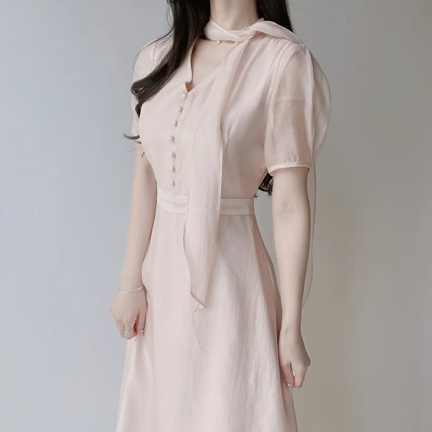 オーガンジーボウタイVネックロング半袖Aラインフェイクボタンワンピース | mirangmirang | 詳細画像16