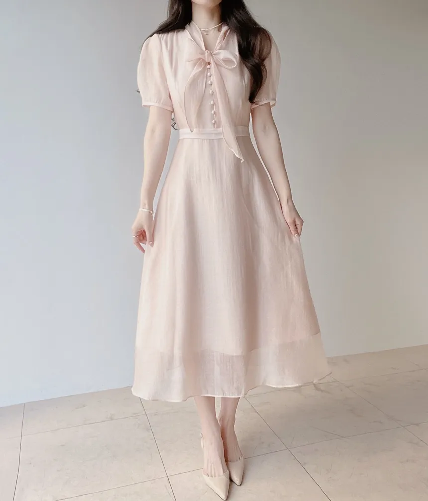 オーガンジーボウタイVネックロング半袖Aラインフェイクボタンワンピース | mirangmirang | 詳細画像17