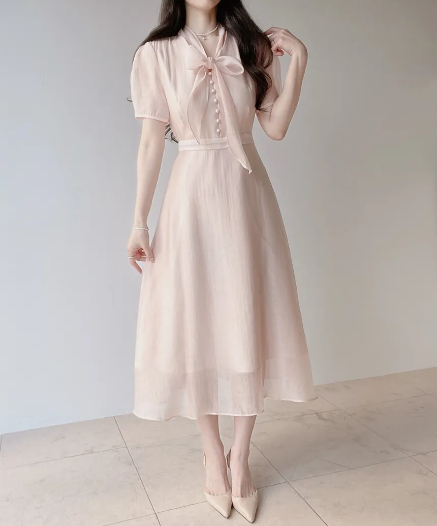 オーガンジーボウタイVネックロング半袖Aラインフェイクボタンワンピース | mirangmirang | 詳細画像18