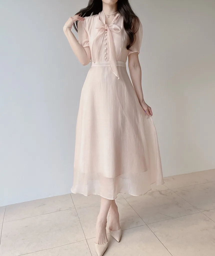 オーガンジーボウタイVネックロング半袖Aラインフェイクボタンワンピース | mirangmirang | 詳細画像19