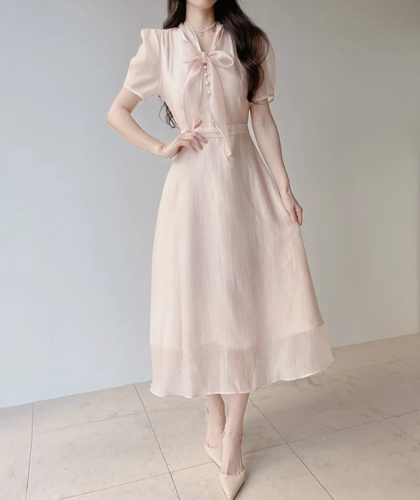 オーガンジーボウタイVネックロング半袖Aラインフェイクボタンワンピース | mirangmirang | 詳細画像20