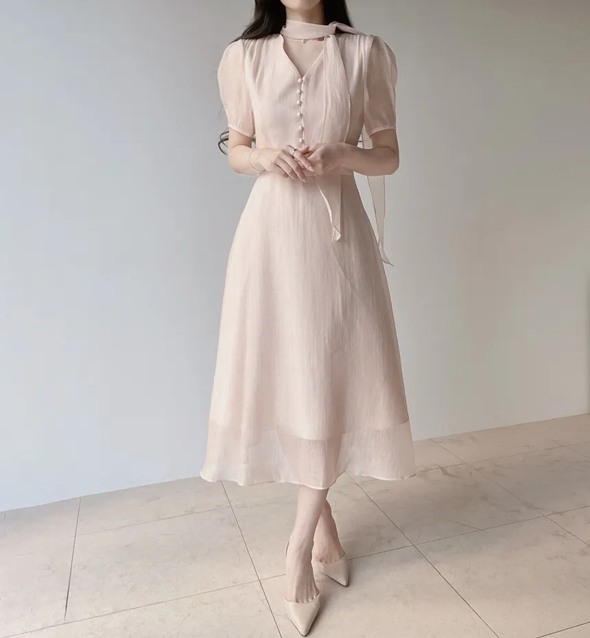 オーガンジーボウタイVネックロング半袖Aラインフェイクボタンワンピース | mirangmirang | 詳細画像21