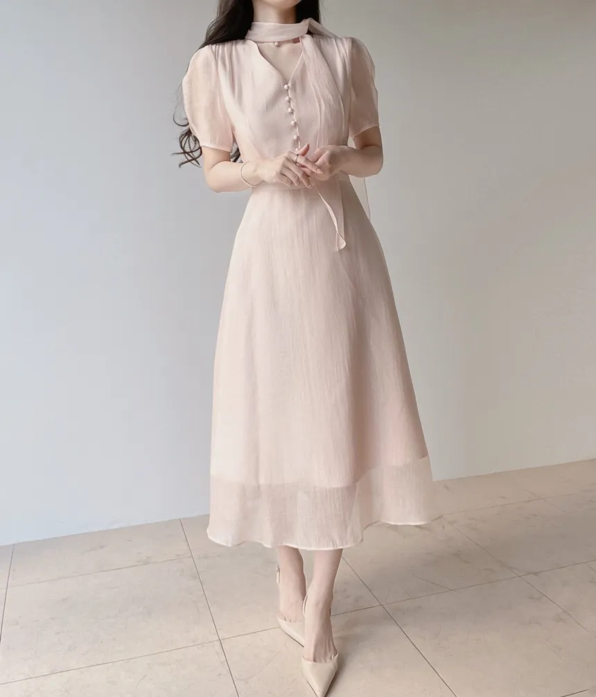 オーガンジーボウタイVネックロング半袖Aラインフェイクボタンワンピース | mirangmirang | 詳細画像22