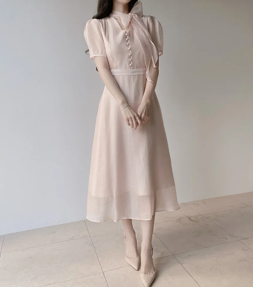 オーガンジーボウタイVネックロング半袖Aラインフェイクボタンワンピース | mirangmirang | 詳細画像24