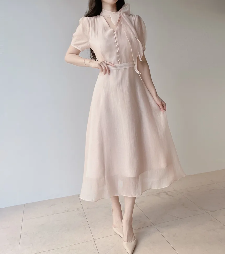 オーガンジーボウタイVネックロング半袖Aラインフェイクボタンワンピース | mirangmirang | 詳細画像25