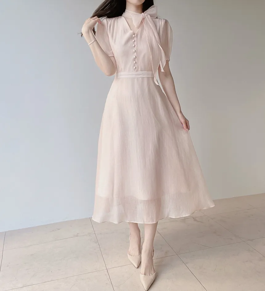 オーガンジーボウタイVネックロング半袖Aラインフェイクボタンワンピース | mirangmirang | 詳細画像26