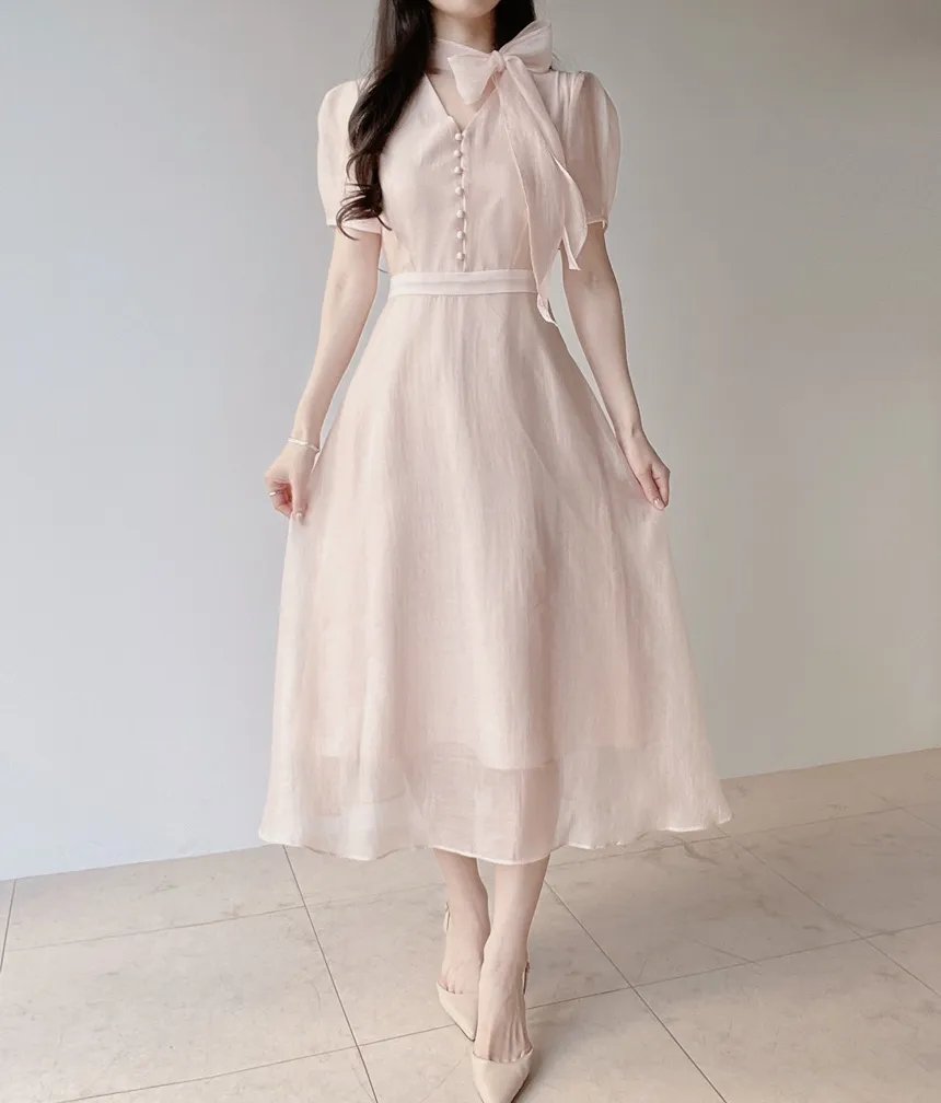 オーガンジーボウタイVネックロング半袖Aラインフェイクボタンワンピース | mirangmirang | 詳細画像27