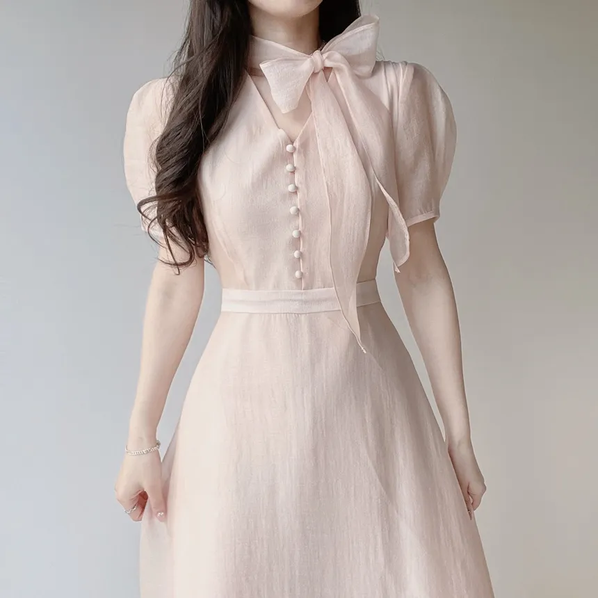 オーガンジーボウタイVネックロング半袖Aラインフェイクボタンワンピース | mirangmirang | 詳細画像28