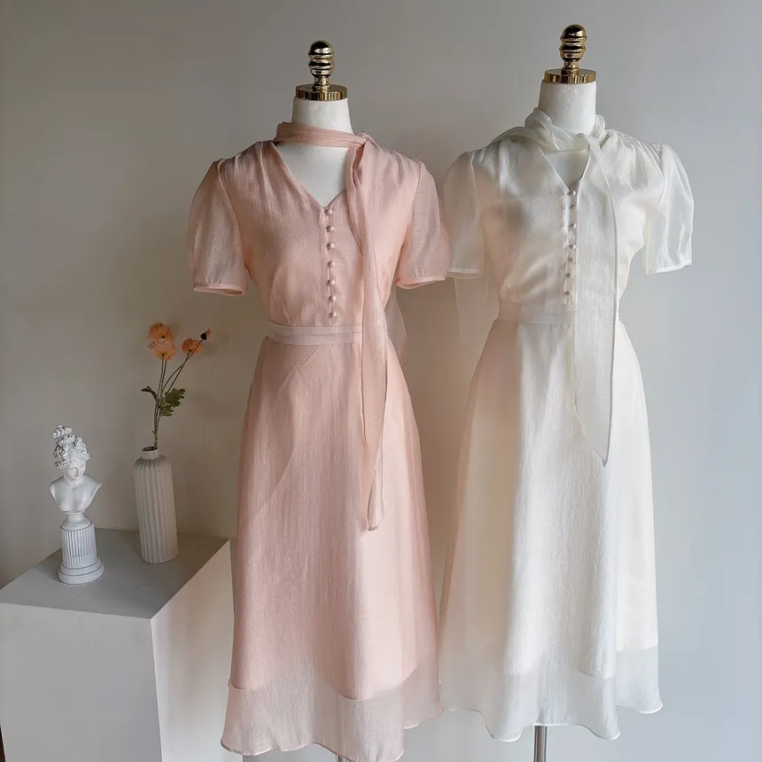 オーガンジーボウタイVネックロング半袖Aラインフェイクボタンワンピース | mirangmirang | 詳細画像29