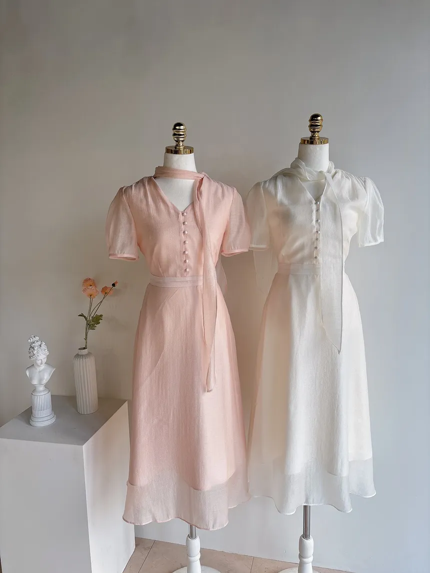 オーガンジーボウタイVネックロング半袖Aラインフェイクボタンワンピース | mirangmirang | 詳細画像30