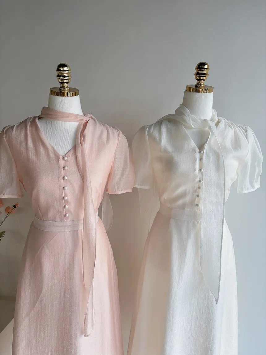 オーガンジーボウタイVネックロング半袖Aラインフェイクボタンワンピース | mirangmirang | 詳細画像31