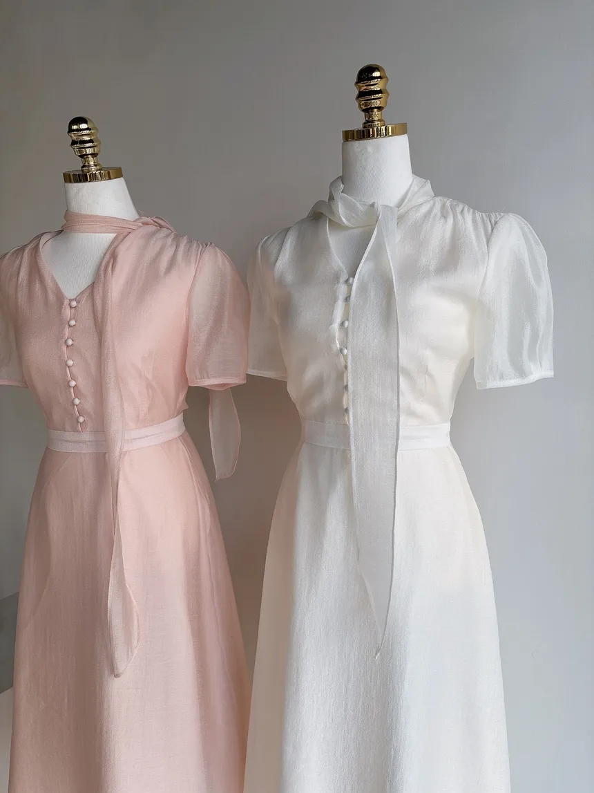 オーガンジーボウタイVネックロング半袖Aラインフェイクボタンワンピース | mirangmirang | 詳細画像32