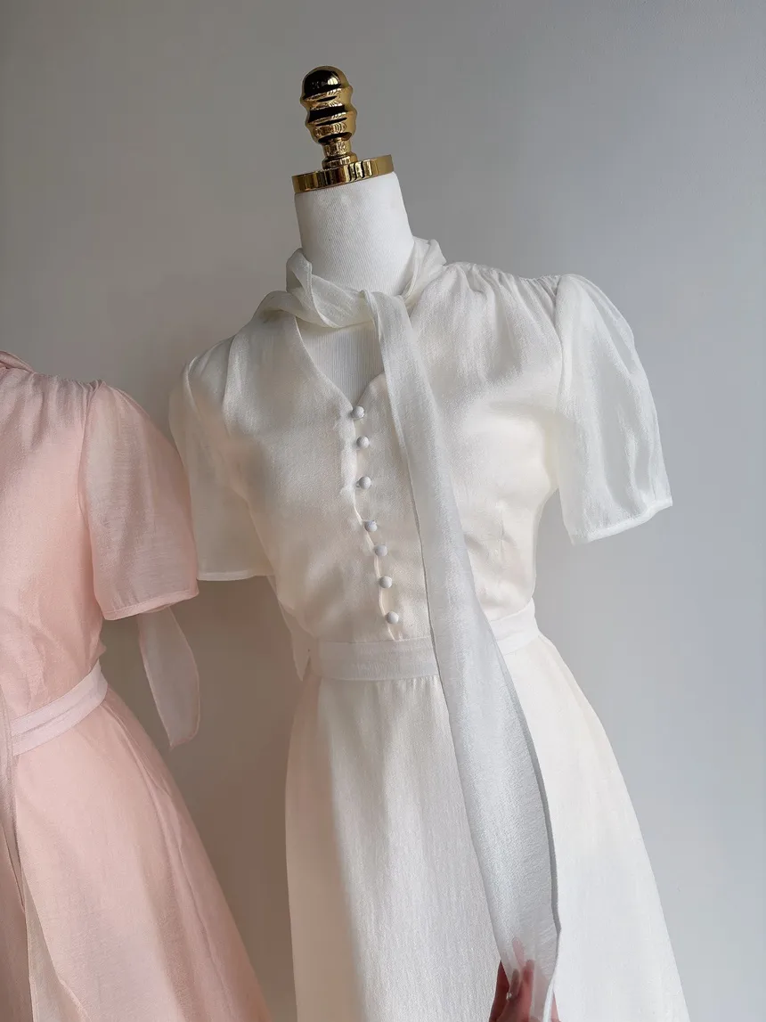 オーガンジーボウタイVネックロング半袖Aラインフェイクボタンワンピース | mirangmirang | 詳細画像33